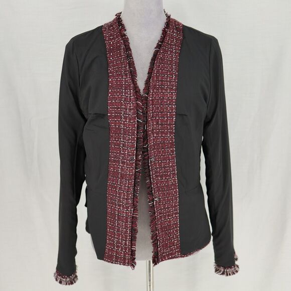 WHBM Jacket Womens 10 Burgundy Plaid Tweed Fringe Lined Blazer Peplum Open Front - Picture 9 of 15